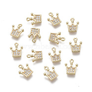 Brass Micro Pave Clear Cubic Zirconia Charms, Nickel Free, Crown, Real 18K Gold Plated, 9.5x8x2mm, Hole: 0.9mm(KK-R134-009-NF)