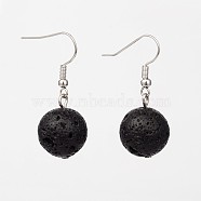 Natural Lava Rock Gemstone Round Dangle Earrings, with Platinum Plated Brass Hooks, Black, 35mm, Pin: 0.7mm(EJEW-JE01688)
