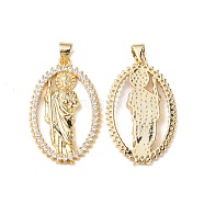 Rack Plating Brass Micro Pave Cubic Zirconia Pendants, Lead Free & Cadmium Free, Long-Lasting Plated, Oval with Saint Jude Charm, Real 18K Gold Plated, 31x19x3mm, Hole: 3.5x5.5mm(KK-F848-03G)