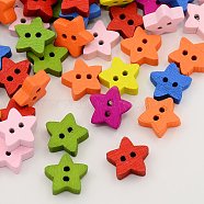 Wooden Buttons, Dyed, 2-Hole, Star, Mixed Color, 12x13x4mm, Hole: 2mm(BUTT-N002-12)