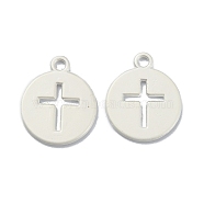 Plating Alloy Pendant, Flat Round with Cross, Matte Silver Color, 17.5x14.5x1mm, Hole: 1.6mm(PALLOY-Q445-27)