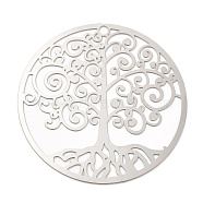 201 Stainless Steel Filigree Pendants, Etched Metal Embellishments, Flat Round with Tree of Life Charm, Stainless Steel Color, 35x0.2mm, Hole: 1.8mm(STAS-K257-20P)