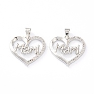 Brass Micro Pave Clear Cubic Zirconia Pendants, Long-Lasting Plated, for Mother's Day, Heart with Word Mami, Real Platinum Plated, 19x19x2.5mm, Hole: 5x2.5mm(ZIRC-J039-07P)