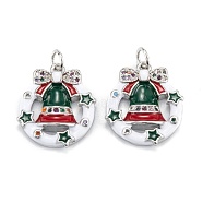 Christmas Themed Brass Micro Pave Cubic Zirconia Pendants, with Enamel and Jump Ring, Long-Lasting Plated, Flat Round with Christmas Bell, Platinum, 19x16x3.5mm, Jump Ring: 5x0.7mm, 3.6mm Inner Diameter(ZIRC-L101-06P)