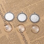 DIY Pendant Making, Tibetan Style Alloy Pendant Cabochon Settings and Transparent Glass Cabochons, Flat Round, Antique Silver, Tray: 25mm, 37x34x2mm, Hole: 2mm, 24.5~25x6~7mm, 2pcs/set(DIY-X0098-52AS)