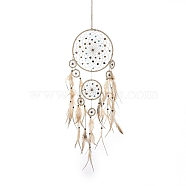 Indian Woven Web/Net with Feather Hanging Ornaments, Iron Ring and Wood Beads for Home Living Room Bedroom Wall Decorations, Tan, 870mm(HJEW-G025-08A)