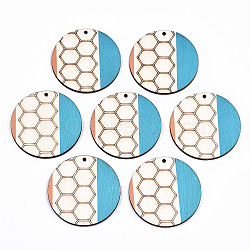 Printed Natural Poplar Wood Pendants, Laser Cut Wood Shapes, Flat Round with Honeycomb, Colorful, 49.5x3mm, Hole: 2mm(WOOD-S045-132)