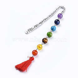 Chakra Jewelry, Alloy Bookmarks, with Natural/Synthetic Gemstone Beads, Cotton Thread Tassels, Red, 146x14.5mm(AJEW-JK00151-05)