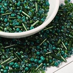 Opaque & Transparent Inside Colours Glass Seed Beads, Round Hole, Round & Tube, Green, 1.5~9x2~3x2~3mm, Hole: 0.8~1mm, about 450g/bag(SEED-F004-02F)