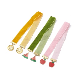 Fruit Alloy Enamel Pendant Bookmarks, Velvet Ribbon Bookmark, Lemon/Watermelon/Apple, Mixed Color, 349~355x19mm, 3pcs/set(AJEW-JK00218)