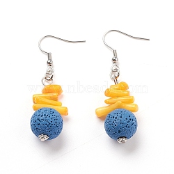 Natural Lava Rock Dangle Earrings, with Synthetic Gemstones, Alloy Spacer Beads and Stainless Steel Earring Hooks, Round, Cornflower Blue, 55~56mm, Pin: 0.7mm(EJEW-E260-B03)