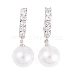 Rack Plating Brass Clear Cubic Zirconia ABS Pearl Earrings, Cadmium Free & Lead Free, Long-Lasting Plated, Round, Hoop Earrings, Platinum, 31x3mm(EJEW-S219-15P-08)