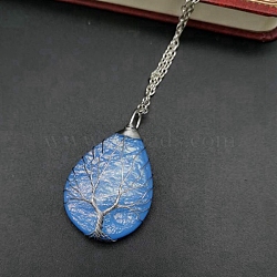 Teardrop with Tree Resin Pendant Necklace, Platinum Copper Wire Wrapped Necklace, Light Sky Blue, 20.47 inch(52cm)(PW-WG20561-08)