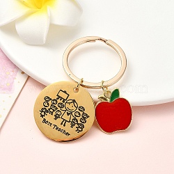 Alloy Enamel & 201 Stainless Steel Keychain, with Alloy Rings, Flat Round, Golden, 6.2cm, Pendant: 21~30mm(KEYC-YW00091-01)