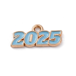 Alloy Enamel Pendants, Light Gold, Year 2025 Charm, Light Sky Blue, 8.5x18x1mm, Hole: 1.8mm(ENAM-C025-01KCG-02)