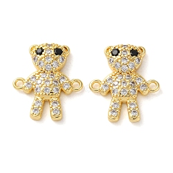 Rack Plating Brass Clear & Black Cubic Zirconia Bear Connector Charms, Long-Lasting Plated, Lead Free & Cadmium Free, Real 18K Gold Plated, 15.5x17.5x3.5mm, Hole: 1.4mm(KK-C084-15C-G)