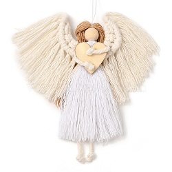 Angel Handmade Woven Macrame Cotton Thread Pendant Decorations, with Wood Beads, for Home Decorations, White, 235mm(HJEW-JM02454-04)