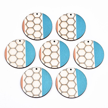 Printed Natural Poplar Wood Pendants, Laser Cut Wood Shapes, Flat Round with Honeycomb, Colorful, 49.5x3mm, Hole: 2mm
