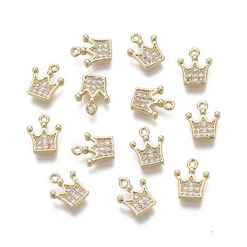 Brass Micro Pave Clear Cubic Zirconia Charms, Nickel Free, Crown, Real 18K Gold Plated, 9.5x8x2mm, Hole: 0.9mm