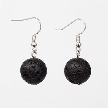 Natural Lava Rock Gemstone Round Dangle Earrings, with Platinum Plated Brass Hooks, Black, 35mm, Pin: 0.7mm