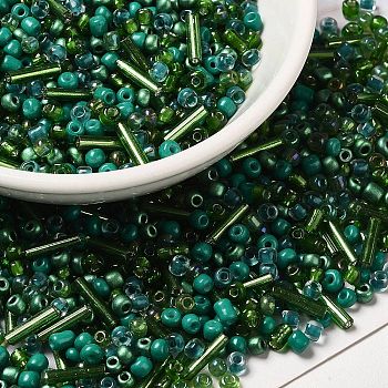 Opaque & Transparent Inside Colours Glass Seed Beads, Round Hole, Round & Tube, Green, 1.5~9x2~3x2~3mm, Hole: 0.8~1mm, about 450g/bag