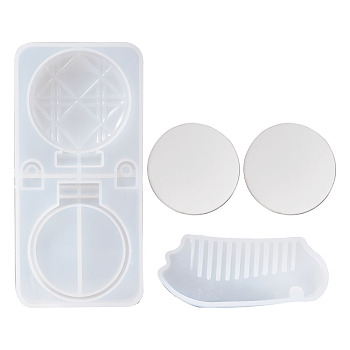 DIY Comb Silicone Molds Kits, with Comb & Foldable Makeup Mirror Silicone Molds, Glass Flat Round Shape Mirror, Mixed Color, 56~159x45~78x1~15mm, 4pcs/set