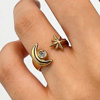 304 Stainless Steel Rhinestone Cuff Open Rings, Moon, Real 18K Gold Plated, US Size 8 1/2(18.5mm)