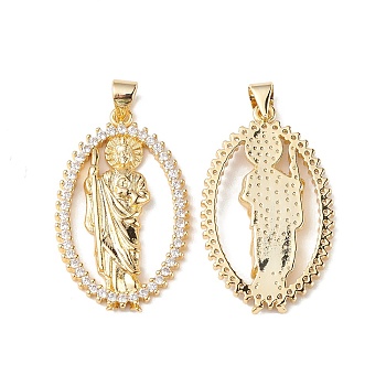Rack Plating Brass Micro Pave Cubic Zirconia Pendants, Lead Free & Cadmium Free, Long-Lasting Plated, Oval with Saint Jude Charm, Real 18K Gold Plated, 31x19x3mm, Hole: 3.5x5.5mm
