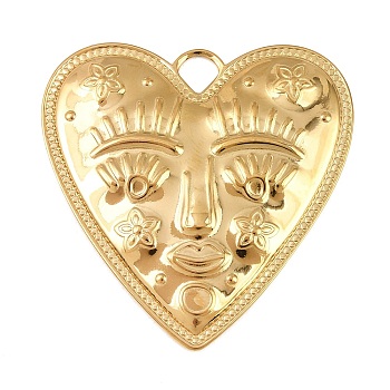 Embossed 304 Stainless Steel Pendants, Heart with Abstract Face Charm, Golden, 46x45.5x2mm, Hole: 5.5mm