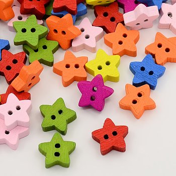 Wooden Buttons, Dyed, 2-Hole, Star, Mixed Color, 12x13x4mm, Hole: 2mm
