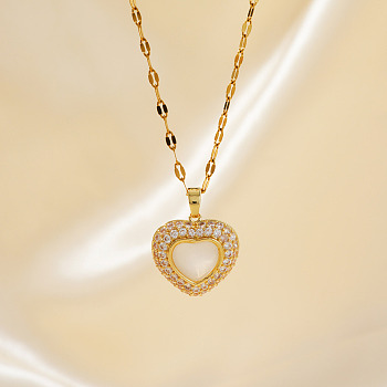 Elegant Heart-shaped Brass Clear Cubic Zircon Pendant Dapped Chain Necklaces for Women, Golden, 15.75 inch(40cm)