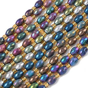 Electroplated Natural Druzy Geode Crystal Beads Strands, Rice, with Seed Beads, Mixed Color, 8~9x6mm, Hole: 0.7~0.8mm, about 18pcs/strand, 7.76~7.95''(19.7~20.2cm)