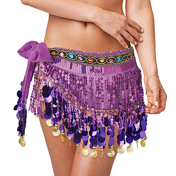 Polyester Tassel Fringe Trimming, Garment Accessories, Plastic Sequins and Acrylic Rhinestone Chains Belt for Women, Dark Orchid, 1700x40~275x8mm