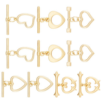 10Sets 5 Styles Brass Toggle Clasps, Cadmium Free & Lead Free, Long-Lasting Plated, Heart, Real 18K Gold Plated, 4.5~14.5x12~25.5x1~4mm, Hole: 1~2.5mm, 2sets/style