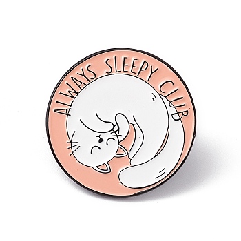 Word Always Sleepy Club Enamel Pin, Electrophoresis Black Alloy Flat Round Brooch for Backpack Clothes, Cat Pattern, 30x2mm, Pin: 1.2mm