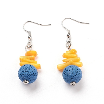 Natural Lava Rock Dangle Earrings, with Synthetic Gemstones, Alloy Spacer Beads and Stainless Steel Earring Hooks, Round, Cornflower Blue, 55~56mm, Pin: 0.7mm