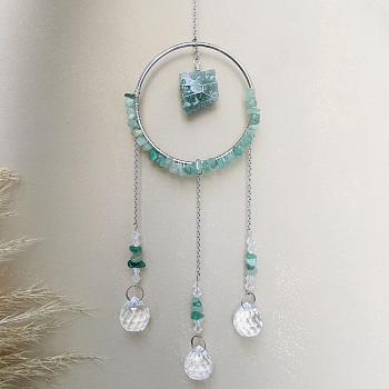 Glass Pendant Decoration, Suncatchers, with Metal Findings, Natural Green Aventurine, 400x90mm