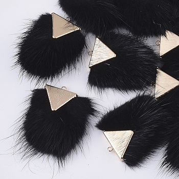 Faux Mink Fur Tassel Pendant Decorations, with Brass Findings, Light Gold, Black, 40~42x20~30x5.5~7mm, Hole: 2mm