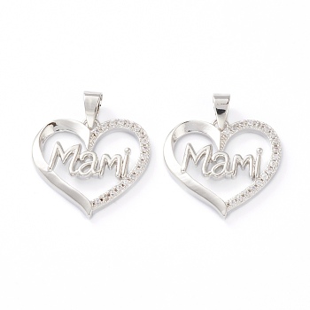 Brass Micro Pave Clear Cubic Zirconia Pendants, Long-Lasting Plated, for Mother's Day, Heart with Word Mami, Real Platinum Plated, 19x19x2.5mm, Hole: 5x2.5mm