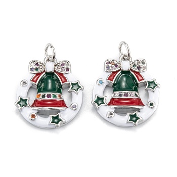 Christmas Themed Brass Micro Pave Cubic Zirconia Pendants, with Enamel and Jump Ring, Long-Lasting Plated, Flat Round with Christmas Bell, Platinum, 19x16x3.5mm, Jump Ring: 5x0.7mm, 3.6mm Inner Diameter