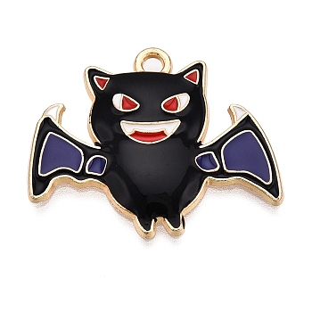 Halloween Theme Rack Plating Alloy Enamel Pendants, Cadmium Free & Nickel Free & Lead Free, Light Gold, Bat, 23x28x2.5mm, Hole: 1.8mm