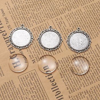 DIY Pendant Making, Tibetan Style Alloy Pendant Cabochon Settings and Transparent Glass Cabochons, Flat Round, Antique Silver, Tray: 25mm, 37x34x2mm, Hole: 2mm, 24.5~25x6~7mm, 2pcs/set