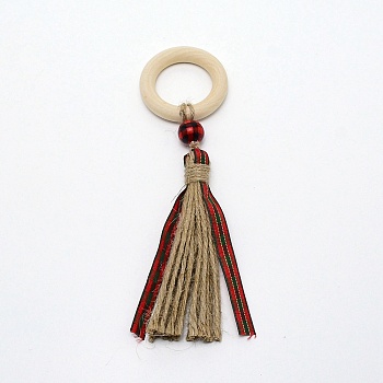 Wooden Napkin Rings, with Jute & Polyester Tassel, For Wedding Christmas Banquet Dinner Decoration, Indian Red, 190mm