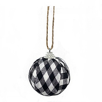 Foam and Plastic with Cloth Ball Christmas Tree Decorations, with Hemp Rope, Round with Plaid Pattern, White, 59x48mm, Hole: 2.5mm, Hemp Rope: 220x0.5mm
