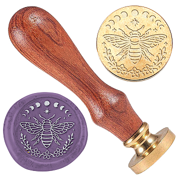 Wax Seal Stamp Set, 1Pc Golden Tone Sealing Wax Stamp Solid Brass Head, with 1Pc Wood Handle, for Envelopes Invitations, Gift Card, Bees, 83x22mm, Stamps: 25x14.5mm