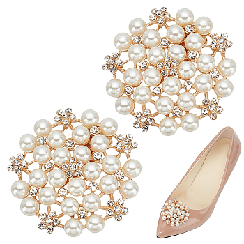 WADORN 1 Pair Flower ABS Imitation Pearl Detachable Alloy Shoe Buckle Clips, with Glass Rhinestone & Iron Finding, High Heel Buckle, Golden, 49x14mm