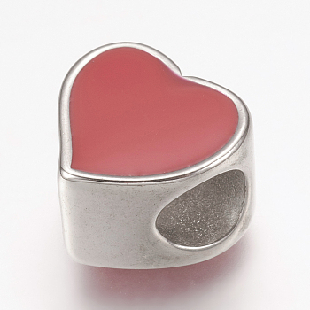 304 Stainless Steel Enamel European Beads, Large Hole Beads, Heart, Red, Stainless Steel Color, 11x11.5x8mm, Hole: 5mm