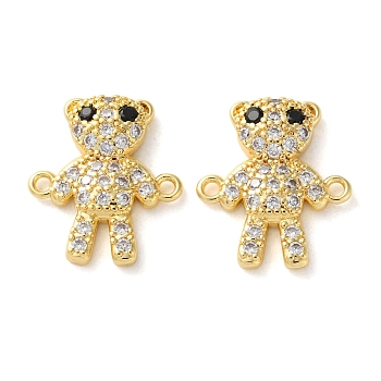 Rack Plating Brass Clear & Black Cubic Zirconia Bear Connector Charms, Long-Lasting Plated, Lead Free & Cadmium Free, Real 18K Gold Plated, 15.5x17.5x3.5mm, Hole: 1.4mm