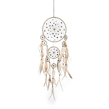 Indian Woven Web/Net with Feather Hanging Ornaments, Iron Ring and Wood Beads for Home Living Room Bedroom Wall Decorations, Tan, 870mm