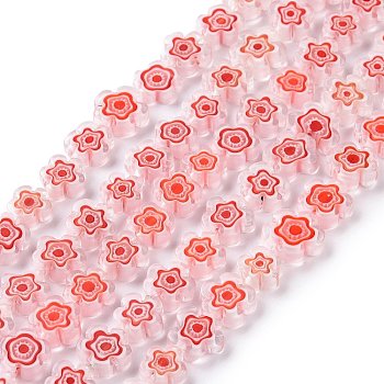 Handmade Millefiori Glass Bead Strands, Flower, Red, 10~12x2.6mm, Hole: 1mm, about 42pcs/strand, 15.75''(40cm)